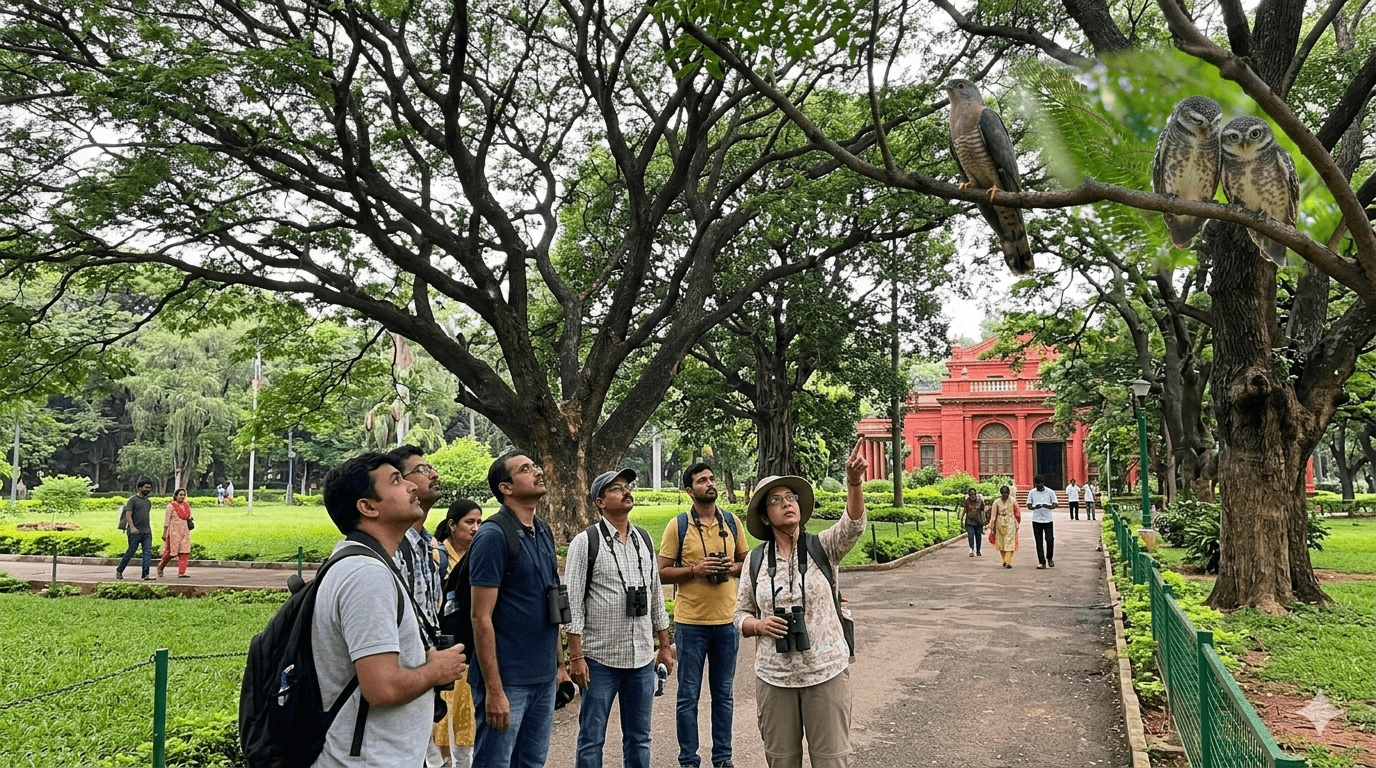 Bird watchers spotting birds near the State Library at Cubbon Park, Bengaluru