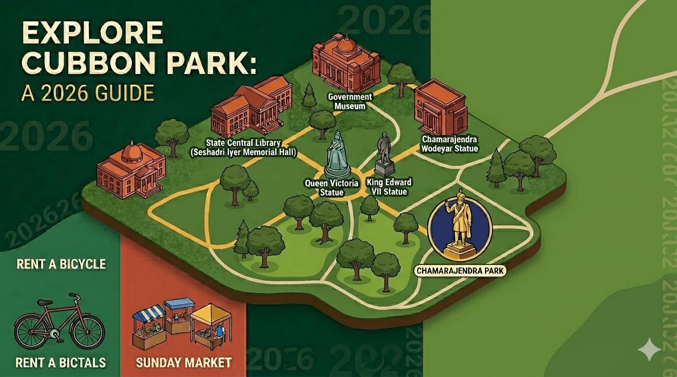 Illustrated map of Cubbon Park showing landmarks, statues, and activities