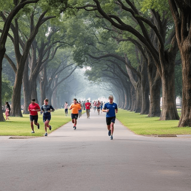 People walking and jogging at Cubbon Park in the morning